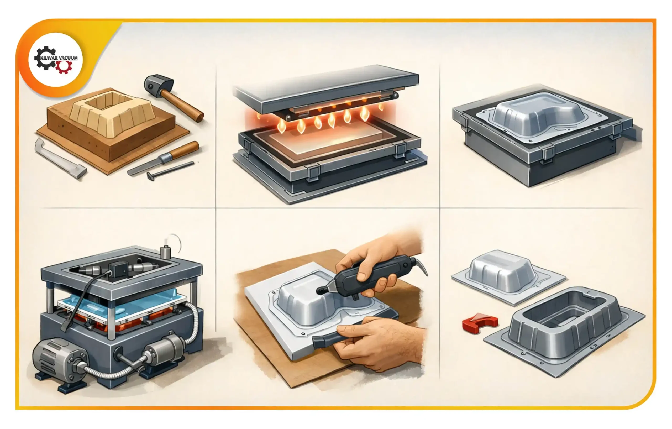 آشنایی با مراحل وکیوم فرمینگ؛ فرایند شکل‌دهی پلاستیک به روش Vacuum Forming به‌صورت گام‌به‌گام (khavarvacuum.ir)